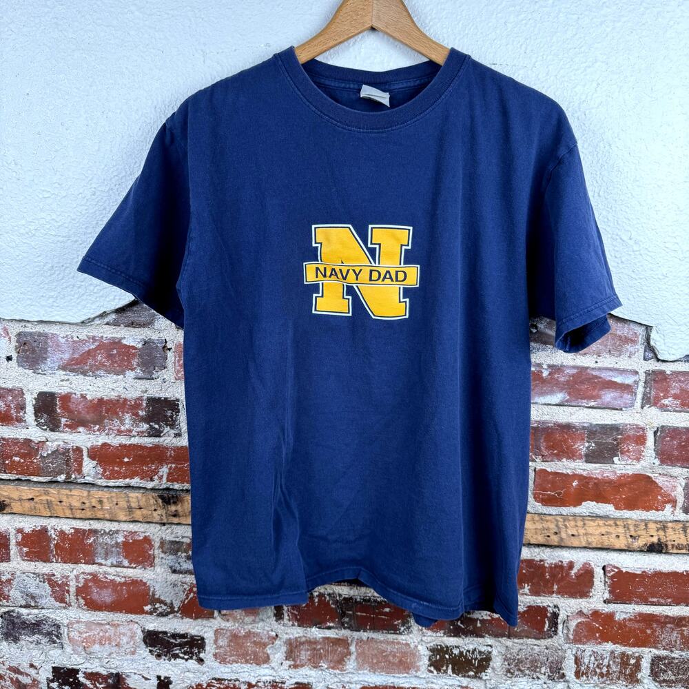 Vintage US Navy Shirt Size Large Blue Short Sleeve Military Dad Soffe USA